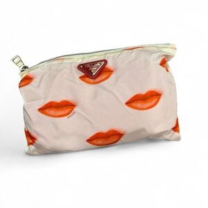 Prada Cream and Orange Lip Print Cosmetic Bag comes with shopping bag